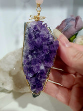 Load image into Gallery viewer, THE SEER AMULET - handcrafted Amethyst Cluster gold Crystal Energy Enhancer© Hanger Ornament Suncatcher Perfect gift for any crystal lover. Suncatchers Australia