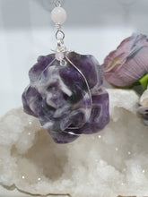 Load image into Gallery viewer, THE INTUITIVE ROSE Amethyst Carving silver Crystal Energy Enhancer© Hanger Ornament Suncatcher. Inspires Intuition, Love & Magic. Crystal Suncatchers