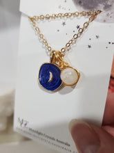 Load image into Gallery viewer, Midnight-Moon-Enamel-Pendant-with-Crystal-Moonstone-Bead-Gold-Necklace- Moonlight-Crystals-Australia