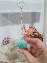 Load image into Gallery viewer, The Guardian of Good Fortune Amazonite Turtle Crystal Energy Enhancer Suncatcher Hanger Ornament. Beaded with amazonite and rose quartz and wired in gold.