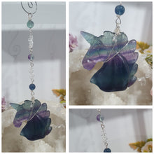 Load image into Gallery viewer, THE MYSTICAL UNICORN" Handcrafted Fluorite Unicorn Crystal Carving Silver Crystal Energy Enhancer© Gemstone / Hanger / Suncatcher / Ornament
PURITY | STRENGTH | MAGIC
Beautiful Fluorite Unicorn Carving Crystal Energy Enhancer© / Sun Catcher / Ornament / Hanger beaded with Fluorite and Quartz. wired in Silver