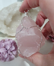 Load image into Gallery viewer, THE LOVE BOMB Rose Quartz Crystal Rough Silver Wired Crystal Energy Enhancer© Hanger Ornament Suncatcher. Inspires Unconditional Love, Harmony, Spirituality. Crystal Suncatchers