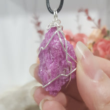 Load image into Gallery viewer, Ruby Raw Crystal Wire Wrapped Pendant Stone silver with black cord necklace P55