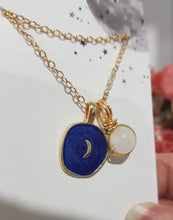 Load image into Gallery viewer, Midnight-Moon-Enamel-Pendant-with-Crystal-Moonstone-Bead-Gold-Necklace- Moonlight-Crystals-Australia