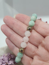 Load image into Gallery viewer, Amazonite, Rose Quartz & Pyrite Crystal Bracelet Gemstones 8mm 7inch bracelet. Hope, Love & Success
