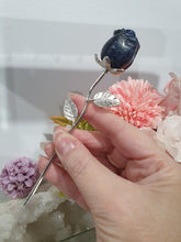 Load image into Gallery viewer, Rose Flower Sodalite Crystal Carving with silver stem.
Promotes Emotional Balance
Sodalite Flower / Rose Crystal Carving with silver stem and leaves.