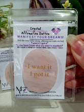 Load image into Gallery viewer, Rose Quartz Crystal Affirmation Button. Use to manifest your hopes, dreams and love. Genuine Rose Quartz Crystal Carving