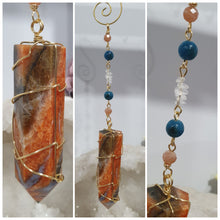 Load image into Gallery viewer, WAND OF EMPOWERMENT Sunstone Crystal Tower Stone Gold Wired Crystal Energy Enhancer© Hanger Ornament Suncatcher. Crystal Suncatcher. Inspires Courage, Joy & Knowledge