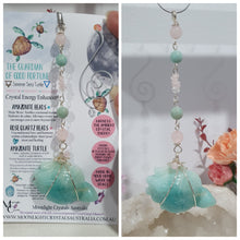 Load image into Gallery viewer, The Guardian of Good Fortune Amazonite Turtle Crystal Energy Enhancer Suncatcher Hanger Ornament. Beaded with amazonite and rose quartz and wired in gold.