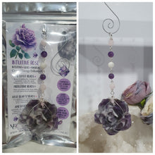 Load image into Gallery viewer, THE INTUITIVE ROSE Amethyst Carving silver Crystal Energy Enhancer© Hanger Ornament Suncatcher. Inspires Intuition, Love & Magic. Crystal Suncatchers
