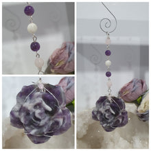 Load image into Gallery viewer, THE INTUITIVE ROSE Amethyst Carving silver Crystal Energy Enhancer© Hanger Ornament Suncatcher. Inspires Intuition, Love & Magic. Crystal Suncatchers