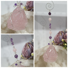 Load image into Gallery viewer, THE LOVE BOMB Rose Quartz Crystal Rough Silver Wired Crystal Energy Enhancer© Hanger Ornament Suncatcher. Inspires Unconditional Love, Harmony, Spirituality. Crystal Suncatchers