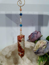 Load image into Gallery viewer, Beautiful Sunstone crystal tower beaded with apatite, sunstone and quartz suncatcher. inspires courage, joy and knowledge. Beautiful gift for any crystal lover. Hang in your room or space.