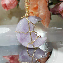 Load image into Gallery viewer, Lepidolite moon pendant gold wired (chain NOT included) P8