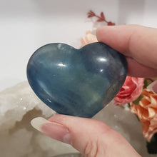 Load image into Gallery viewer, Heart crystal carving fluorite blue / green colour 50mm 1 CHIPPED