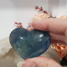 Load image into Gallery viewer, Heart crystal carving fluorite blue / green colour 50mm 1 CHIPPED