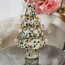 Load image into Gallery viewer, Christmas Tree Dalmation Jasper crystal carving wired with crystal beads 70mm gold 1