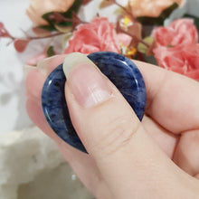 Load image into Gallery viewer, Gorgeous Sodalite Heart Worry Stone Crystal Carving Stone. Promotes emotional balance & Self Esteem. Place in your pocket or bag to relieve stress and anxiety.