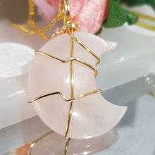 Load image into Gallery viewer, Rose Quartz crystal moon pendant gold wired (chain NOT included) P24