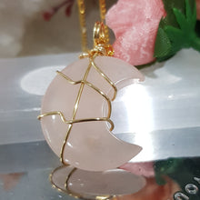 Load image into Gallery viewer, Rose Quartz crystal moon pendant gold wired (chain NOT included) P24