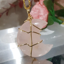 Load image into Gallery viewer, Rose Quartz crystal moon pendant gold wired (chain NOT included) P24