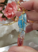 Load image into Gallery viewer, Rainbow Aura Quartz pendant gold wired 66mm ( chain not included) P29