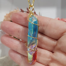 Load image into Gallery viewer, Rainbow Aura Quartz pendant gold wired 66mm ( chain not included) P29