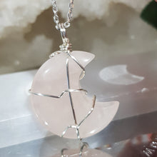 Load image into Gallery viewer, Rose Quartz crescent moon crystal pendant silver wire wrapped 40mm (chain NOT included) P53