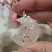Load image into Gallery viewer, Rose Quartz crescent moon crystal pendant silver wire wrapped 40mm (chain NOT included) P53