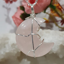Load image into Gallery viewer, Rose Quartz crescent moon crystal pendant silver wire wrapped 40mm (chain NOT included) P53