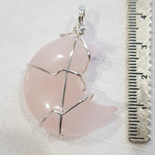 Load image into Gallery viewer, Rose Quartz crescent moon crystal pendant silver wire wrapped 40mm (chain NOT included) P53