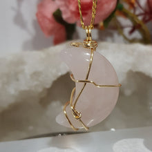 Load image into Gallery viewer, Rose Quartz crystal moon pendant gold wire wrapped 40mm (chain NOT included) P64