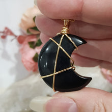 Load image into Gallery viewer, Black Obsidian crystal moon pendant gold wire wrapped 40mm (chain NOT included) P69