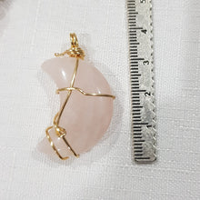 Load image into Gallery viewer, Rose Quartz crystal moon pendant gold wire wrapped 40mm (chain NOT included) P64