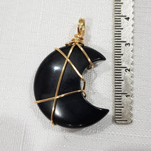 Load image into Gallery viewer, Black Obsidian crystal moon pendant gold wire wrapped 40mm (chain NOT included) P69