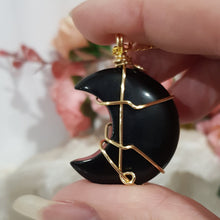 Load image into Gallery viewer, Black Obsidian crystal moon pendant gold wire wrapped 40mm (chain NOT included) P80