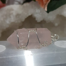 Load image into Gallery viewer, Rose Quartz crystal point pendant silver wire wrapped 48mm ( chain not included) P133