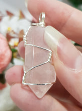 Load image into Gallery viewer, Rose Quartz crystal point pendant silver wire wrapped 48mm ( chain not included) P133