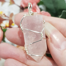 Load image into Gallery viewer, Rose Quartz crystal point pendant silver wire wrapped 48mm ( chain not included) P133