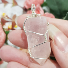 Load image into Gallery viewer, Rose Quartz crystal point pendant silver wire wrapped 48mm ( chain not included) P133