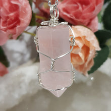 Load image into Gallery viewer, Rose Quartz crystal point pendant silver wire wrapped 48mm ( chain not included) P133