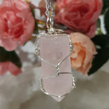Load image into Gallery viewer, Rose Quartz crystal point pendant silver wire wrapped 48mm ( chain not included) P133
