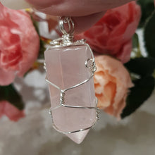 Load image into Gallery viewer, Rose Quartz crystal point pendant silver wire wrapped 48mm ( chain not included) P133