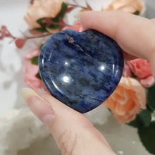 Load image into Gallery viewer, Gorgeous Sodalite Heart Worry Stone Crystal Carving Stone. Promotes emotional balance & Self Esteem. Place in your pocket or bag to relieve stress and anxiety.