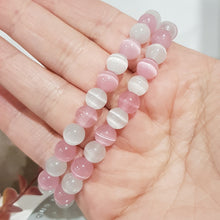 Load image into Gallery viewer, Cats Eye Pink &amp; White Crystal 8mm Beaded Bracelet Gemstone 8 - 8.5 inch B29
