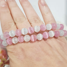 Load image into Gallery viewer, Cats Eye Pink &amp; White Crystal 8mm Beaded Bracelet Gemstone 8 - 8.5 inch B29
