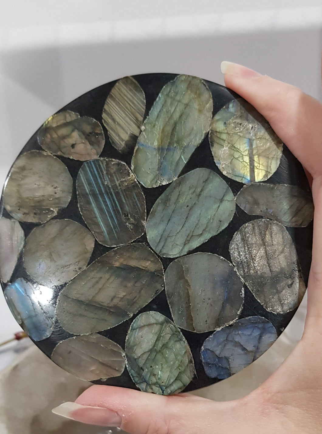 Crystal round disc slab with Labradorite stone  110mm 2