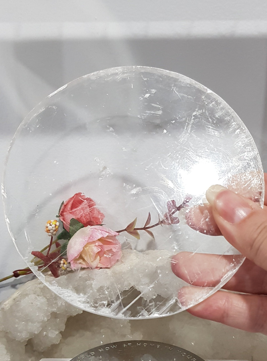 Selenite crystal round slab charging plate display 120mm 2