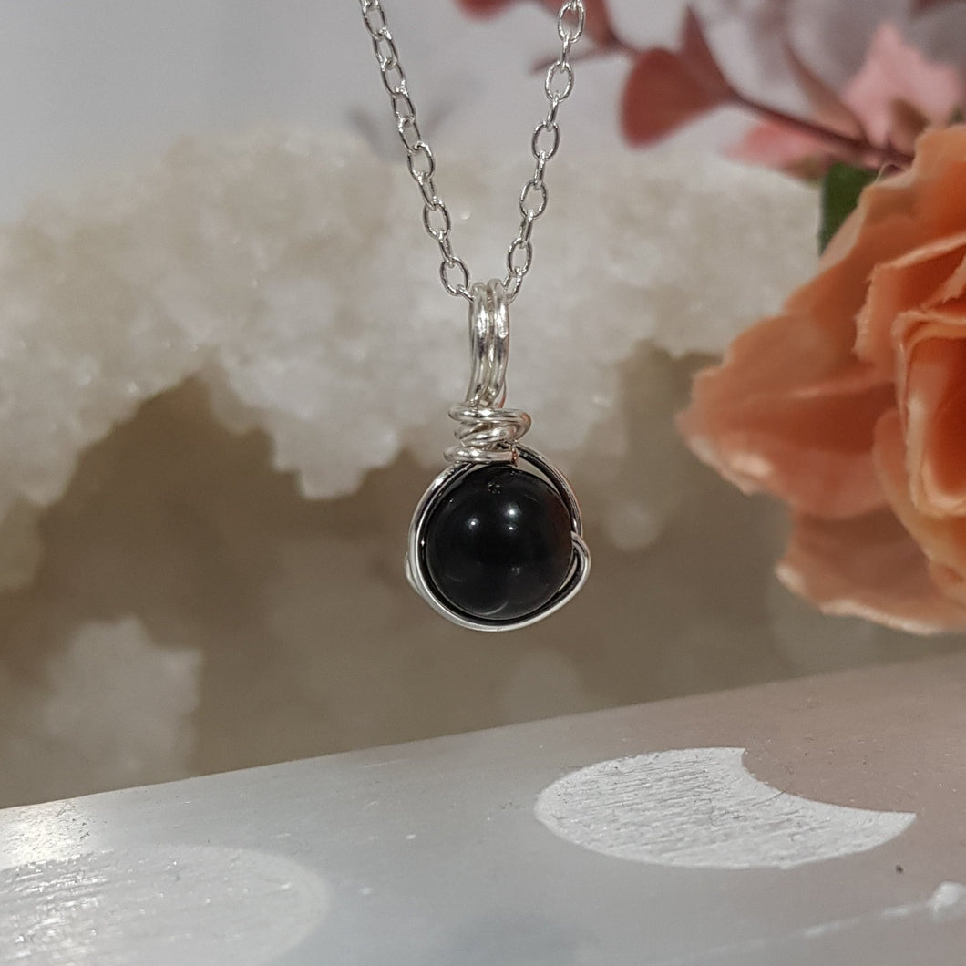 Black Obsidian crystal 8mm bead pendant silver wire wrapped 18mm (chain NOT included)  P200