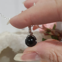 Load image into Gallery viewer, Black Obsidian crystal 8mm bead pendant silver wire wrapped 18mm (chain NOT included)  P200
